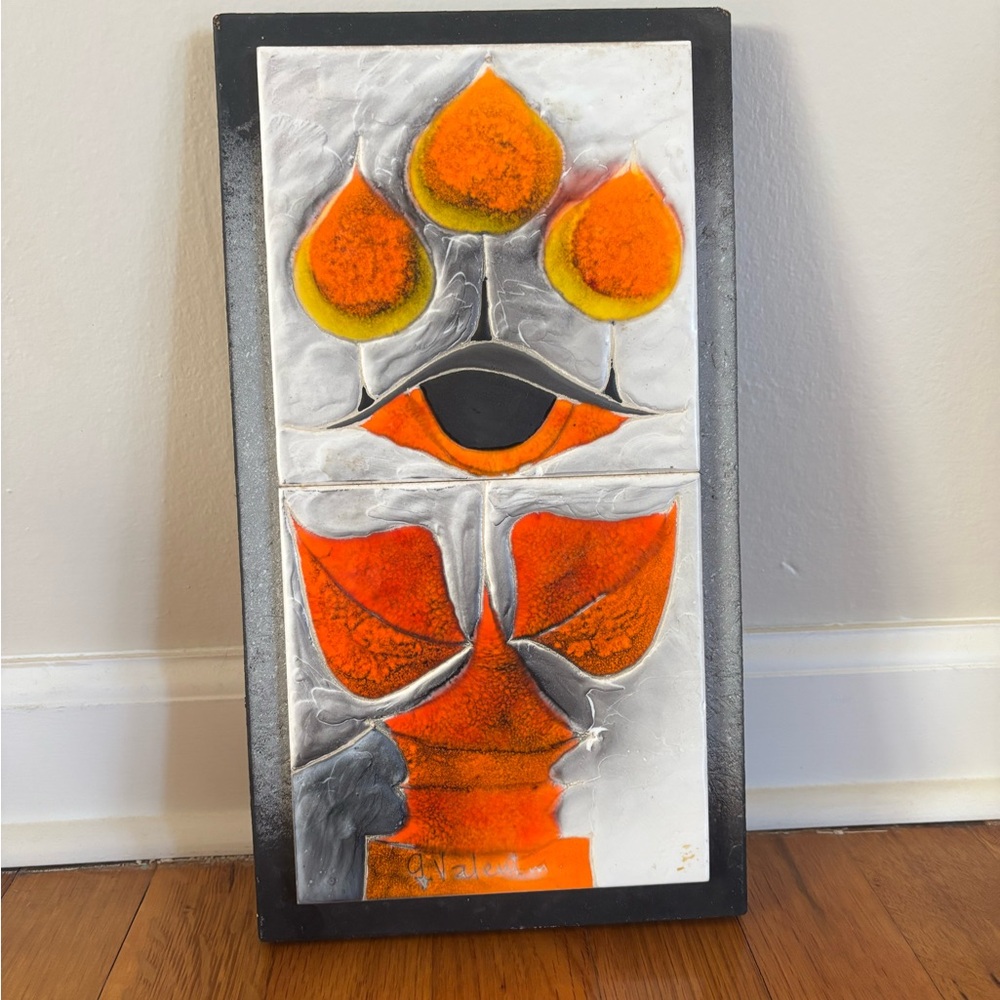 Mid-Century Modern Enamel Tile by G. Valentin.Signed.Les Archanges Vallauris